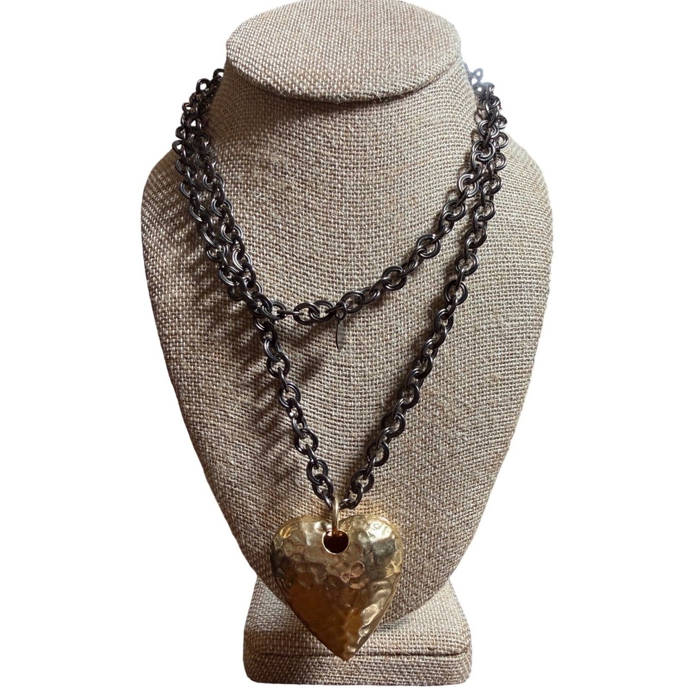 Express signed Chunky Gunmetal Chain Hammered Gold Heart Statement Necklace 36" - Picture 7 of 12